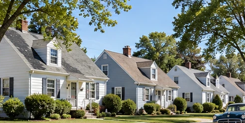 Postwar Cape Cod homes line a planned Levittown-style suburb, illustrating standardized, affordable mass housing after World War II.
