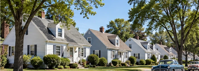 Postwar Cape Cod homes line a planned Levittown-style suburb, illustrating standardized, affordable mass housing after World War II.
