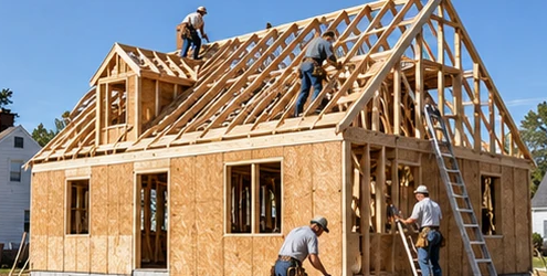 Carpenters assemble standardized timber framing and roof trusses on a postwar suburban Cape Cod house under construction.