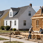 Postwar Levittown-style street shows standardized detached homes and one house still being built, illustrating mass housing construction.