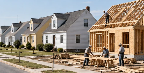 Postwar Levittown-style street shows standardized detached homes and one house still being built, illustrating mass housing construction.