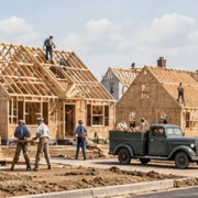Crews build a row of modest postwar houses at different stages, recalling the rapid suburban housing development associated with Levittown.