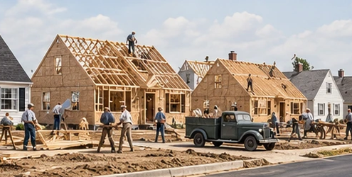 Crews build a row of modest postwar houses at different stages, recalling the rapid suburban housing development associated with Levittown.