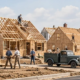 Crews build a row of modest postwar houses at different stages, recalling the rapid suburban housing development associated with Levittown.