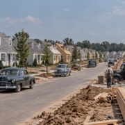 Rows of similar postwar homes under construction illustrate Levittown’s large-scale residential building methods.