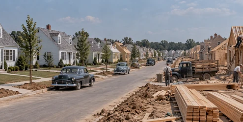 Rows of similar postwar homes under construction illustrate Levittown’s large-scale residential building methods.