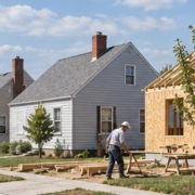 A builder frames a mid-century house while modest detached homes line a suburban street, reflecting postwar neighborhood construction.