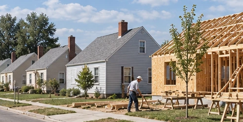 A builder frames a mid-century house while modest detached homes line a suburban street, reflecting postwar neighborhood construction.