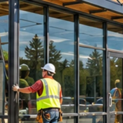 Crew fits storefront glazing on a compact neighborhood retail building, illustrating the smaller scale of light commercial construction.