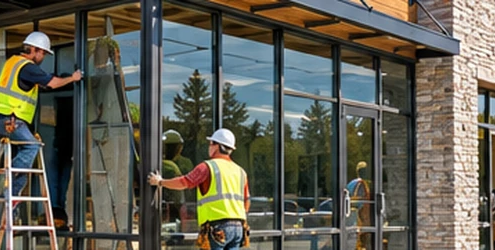 Crew fits storefront glazing on a compact neighborhood retail building, illustrating the smaller scale of light commercial construction.