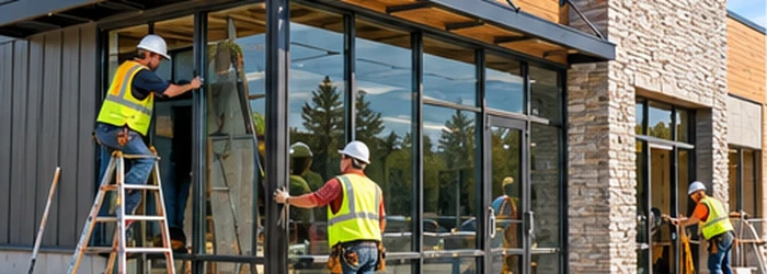 Crew fits storefront glazing on a compact neighborhood retail building, illustrating the smaller scale of light commercial construction.