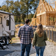 Homeowners stay in a travel trailer outside a fenced house build while their new home is framed nearby.