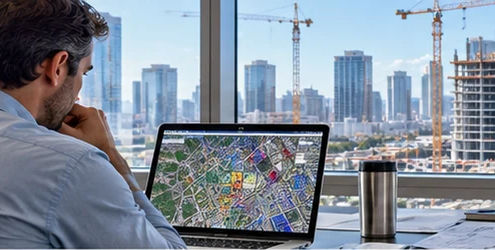 Project manager checks a city map and nearby building projects from an office overlooking active commercial construction.