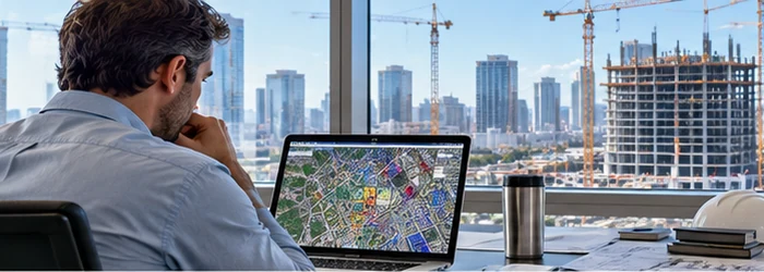 Project manager checks a city map and nearby building projects from an office overlooking active commercial construction.