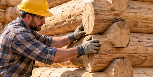 Craftsperson fits rounded interlocking logs at the corner of a small cabin on a stone foundation while building traditional log walls.