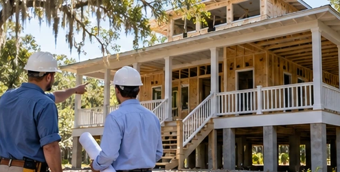 Architect and builder review plans for a raised Louisiana cottage under construction, with a broad porch and elevated foundation.