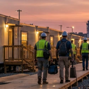 Workers walk from clean modular accommodation trailers toward a remote industrial construction site at sunset.