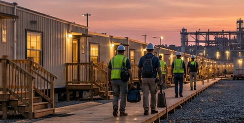Workers walk from clean modular accommodation trailers toward a remote industrial construction site at sunset.