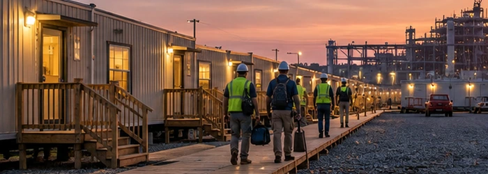 Workers walk from clean modular accommodation trailers toward a remote industrial construction site at sunset.