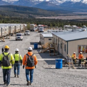 Modular mancamp housing at a remote jobsite with clean worker cabins and shared facilities against a mountain landscape.