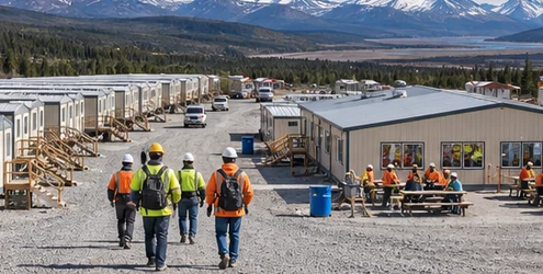 Modular mancamp housing at a remote jobsite with clean worker cabins and shared facilities against a mountain landscape.