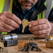 Building superintendent checks a master key beside several lock cylinders for a new commercial project, illustrating how one key can operate multiple designated locks.