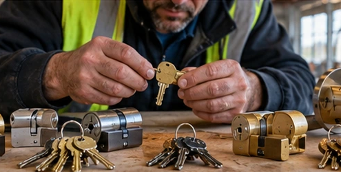 Building superintendent checks a master key beside several lock cylinders for a new commercial project, illustrating how one key can operate multiple designated locks.
