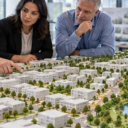 Architects and planners review a site model with buildings, streets, parks, and green drainage corridors for a development master plan.
