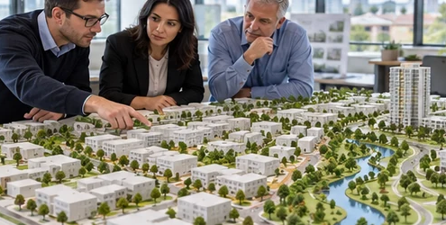 Architects and planners review a site model with buildings, streets, parks, and green drainage corridors for a development master plan.