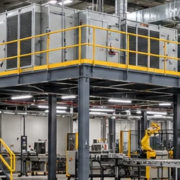 Raised steel mechanical mezzanine supports HVAC equipment and ductwork above a factory floor, with guarded access stairs and railings.