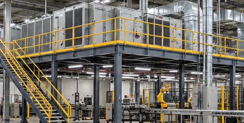 Raised steel mechanical mezzanine supports HVAC equipment and ductwork above a factory floor, with guarded access stairs and railings.