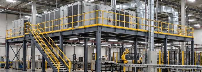 Raised steel mechanical mezzanine supports HVAC equipment and ductwork above a factory floor, with guarded access stairs and railings.