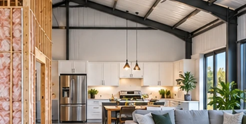 Metal building conversion combines a steel-frame shell with new insulated wall framing and a bright finished home interior.
