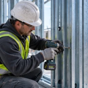 Installer fastening galvanized light-gauge steel studs and track to form a straight wall frame on a construction site.