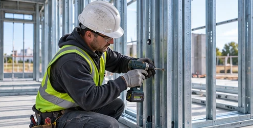 Installer fastening galvanized light-gauge steel studs and track to form a straight wall frame on a construction site.