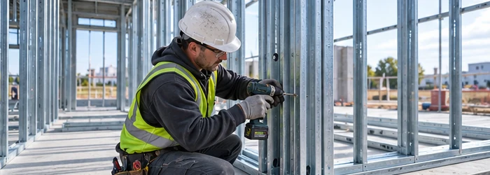 Installer fastening galvanized light-gauge steel studs and track to form a straight wall frame on a construction site.