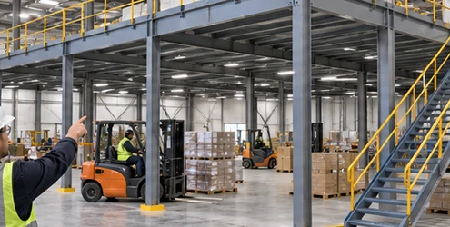 Steel warehouse mezzanine adds elevated storage space with a guarded stair and work zone below.