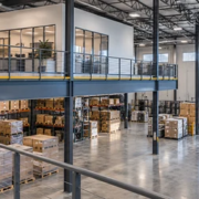 Partial steel mezzanine floor in a warehouse with guarded stair access and open floor space below.