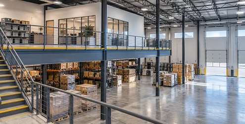 Partial steel mezzanine floor in a warehouse with guarded stair access and open floor space below.