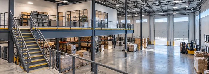 Partial steel mezzanine floor in a warehouse with guarded stair access and open floor space below.