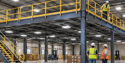 Industrial mezzanine platform adds an intermediate level above the warehouse floor, with stairs, beams and guardrails visible.