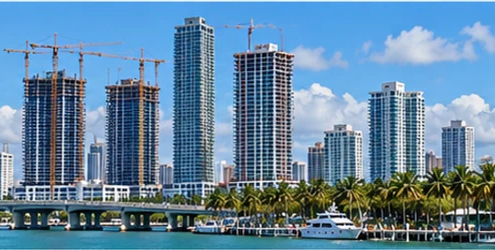 Miami-Dade waterfront skyline with active residential and commercial towers, construction cranes, and palm trees in tropical daylight.