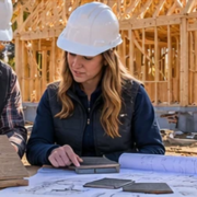 Homebuilder and estimator review material samples and plans beside a framed house in Michigan during autumn.