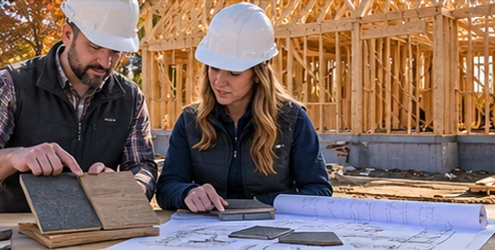 Homebuilder and estimator review material samples and plans beside a framed house in Michigan during autumn.