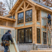 Energy-efficient timber-framed house being built in Michigan with insulation, windows, and crews working in a cool autumn setting.