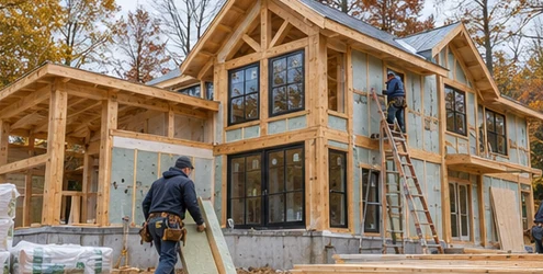 Energy-efficient timber-framed house being built in Michigan with insulation, windows, and crews working in a cool autumn setting.