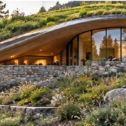 Modern building with a curved green roof and natural stone façade blending into a wooded hillside, illustrating mimetic architecture.