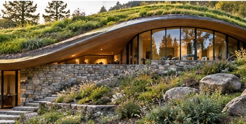 Modern building with a curved green roof and natural stone façade blending into a wooded hillside, illustrating mimetic architecture.