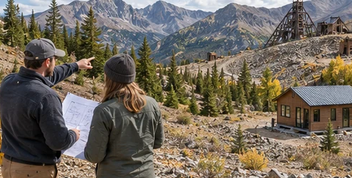 Land surveyor and owner review a site plan beside a proposed cabin on rugged former mining land with boundary markers.