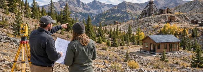 Land surveyor and owner review a site plan beside a proposed cabin on rugged former mining land with boundary markers.